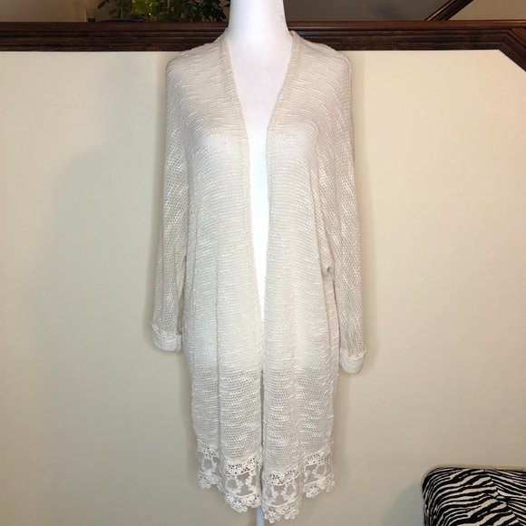 FOREVER 21 Cream Coastal Lightweight Open Crochet Style Lacey Longline Cardigan - Picture 5 of 12